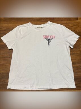 H&M White Nirvana Short-Sleeve Tee with Pink Logo